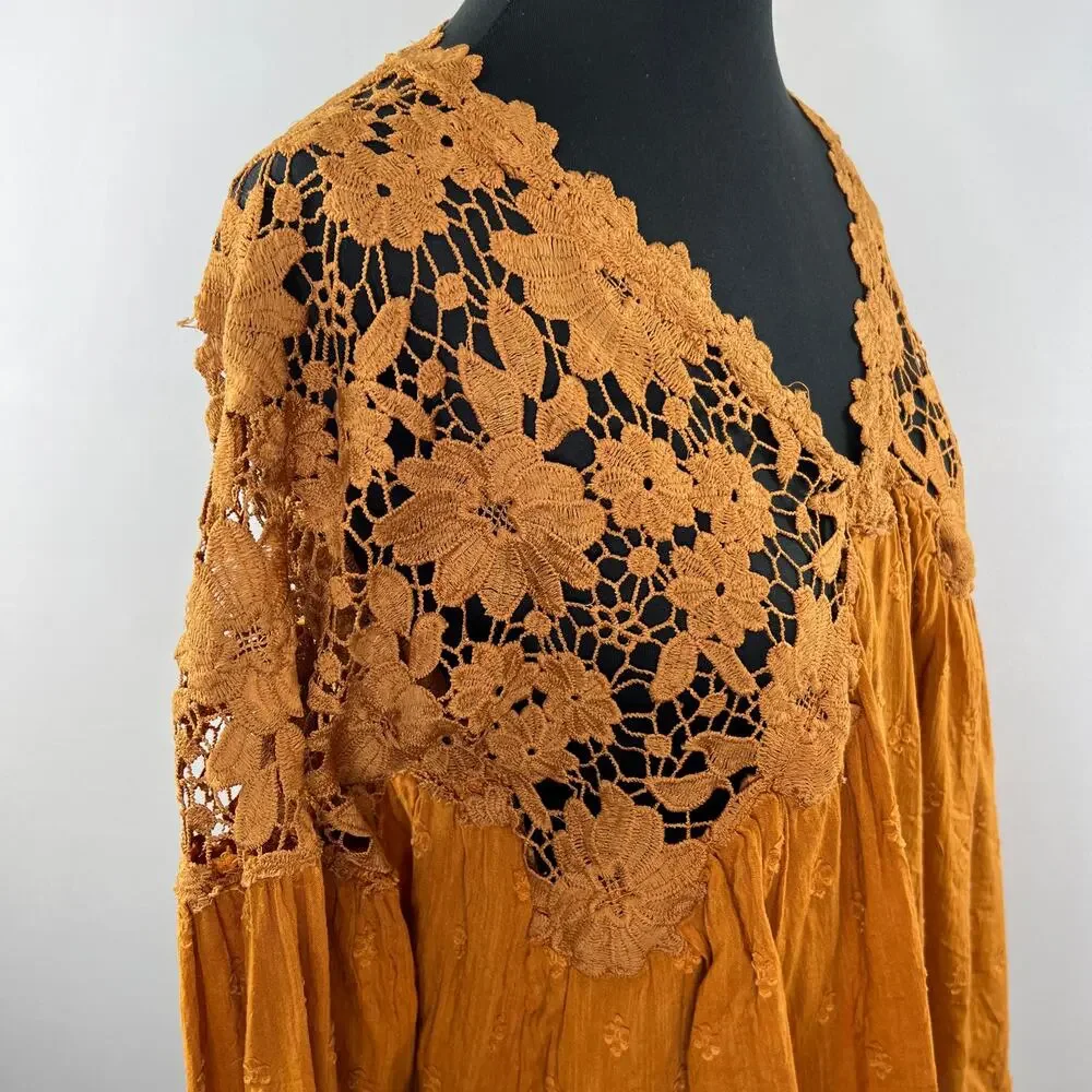 FREE PEOPLE Bronze Gold V-Neckline Bell Sleeves 100% Cotton Lina Lace Top Sz S